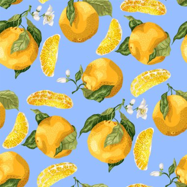 Turuncu meyveler ve dilimleri ile Seamless modeli. Mavi arka plan üzerinde grafik vektör çizim içinde meyve dalları üzerinde çiçek açan çiçekler