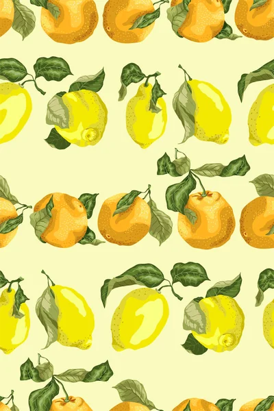 ジューシーなレモンとオレンジ スライスおよび枝で現実的なグラフィック ベクトル図の明るい色の円の水平ラインとシームレスなパターンの葉します — ストックベクタ