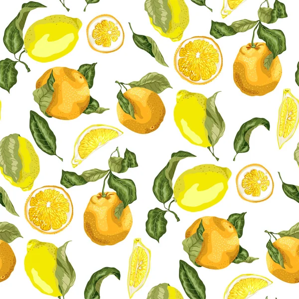 Motif Sans Couture Avec Des Citrons Juteux Des Oranges Des — Image vectorielle