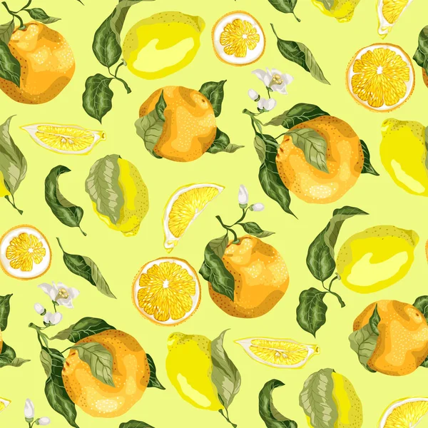 現実的なグラフィック ベクトル図の葉とされたコンケーブガムのフルーツのスライスと咲くオレンジと枝にジューシーなレモンでシームレスなパターンでジューシーな柑橘系の果物 — ストックベクタ