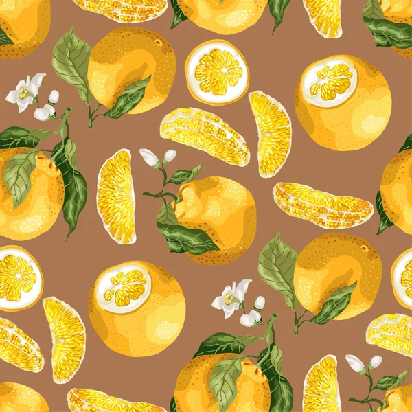 オレンジ色の果実とスライスのシームレスなパターン 茶色の背景のグラフィックのベクター イラストで果物の枝に花が咲く — ストックベクタ