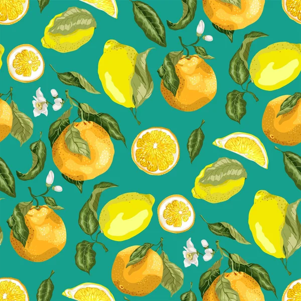 咲くオレンジ 枝に現実的なベクトル グラフィックの図 Seamles パターン上のレモン — ストックベクタ