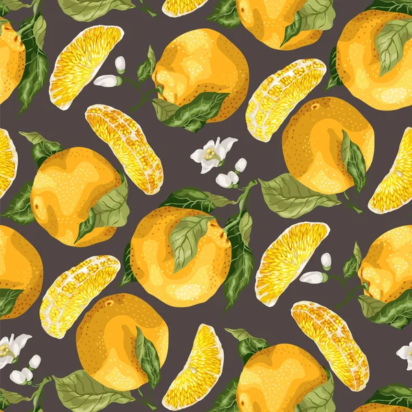 オレンジ色の果実とスライスのシームレスなパターン 茶色の背景のグラフィックのベクター イラストで果物の枝に花が咲く — ストックベクタ