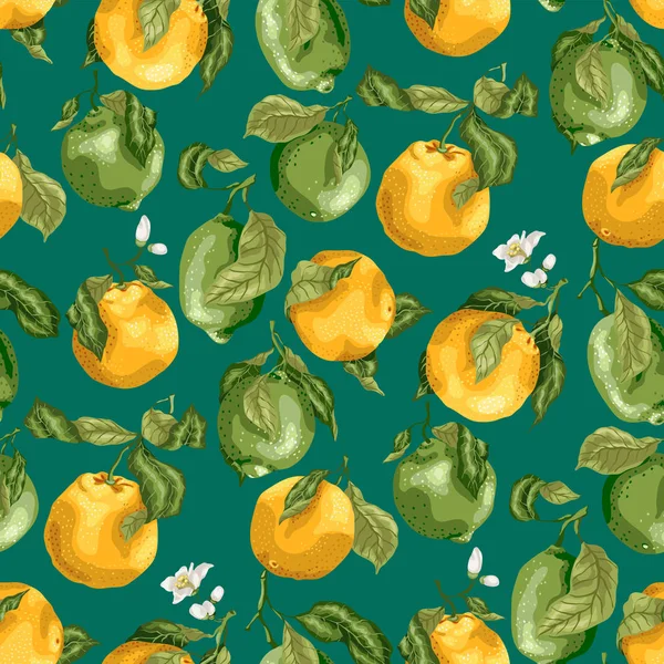 果物とのシームレスなパターン 新鮮なオレンジと明るい現実的な色でグラフィック ベクトル図に葉 枝に花とライム — ストックベクタ