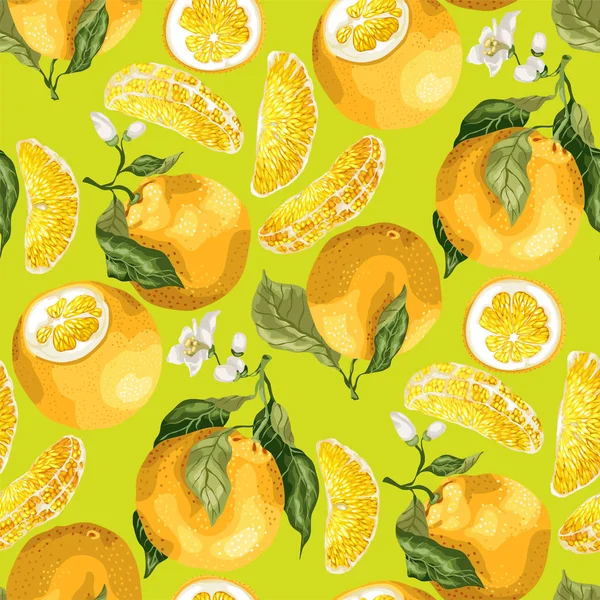 オレンジ色の果実とスライスのシームレスなパターン 緑の海洋背景グラフィック ベクトル図に果物の枝に花が咲く — ストックベクタ