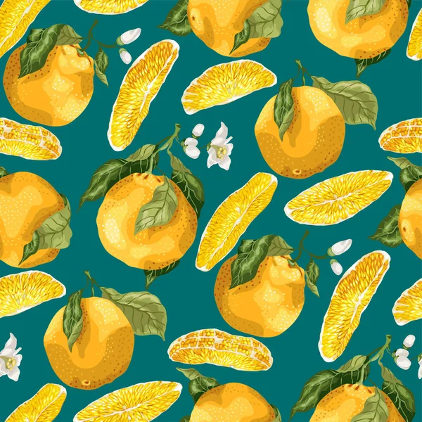 Naadloze Patroon Met Oranje Vruchten Segmenten Bloeiende Bloemen Takken Van — Stockvector