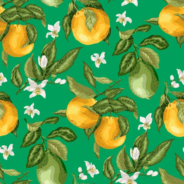 Limon ve portakal ağacı vektör grafik illüstrasyon parlak renklerde çiçekler ile Seamless modeli yaz Narenciye meyve dalı