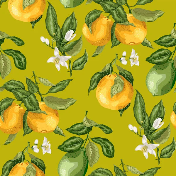 Limon ve portakal ağacı vektör grafik illüstrasyon parlak renklerde çiçekler ile Seamless modeli yaz Narenciye meyve dalı