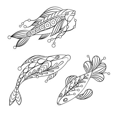 Çocuklar ve yetişkinler kümesiyle süs vektör grafik illüstrasyon okyanus ve deniz balıklar için boyama sayfaları