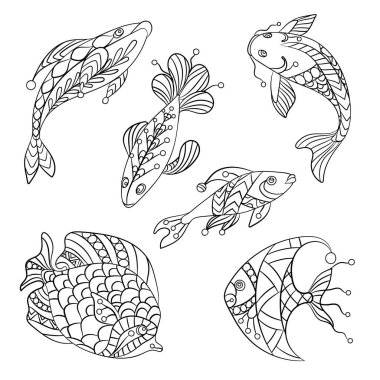 Çocuklar ve yetişkinler kümesiyle süs vektör grafik illüstrasyon okyanus ve deniz balıklar için boyama sayfaları