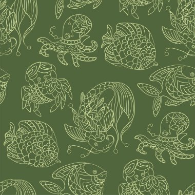 Deniz Temalar vahşi deniz hayvanları ve balıkların dekoratif süs grafik vektör çizim ile Seamless modeli