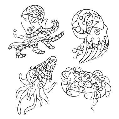 Vektör grafik illüstrasyon çocuklar ve yetişkinler ile ahtapot, yengeç ve denizanası gibi deniz hayvanları için sayfaları renklendirme