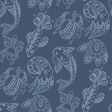 Deniz Temalar vahşi deniz hayvanları ve balıkların dekoratif süs grafik vektör çizim ile Seamless modeli