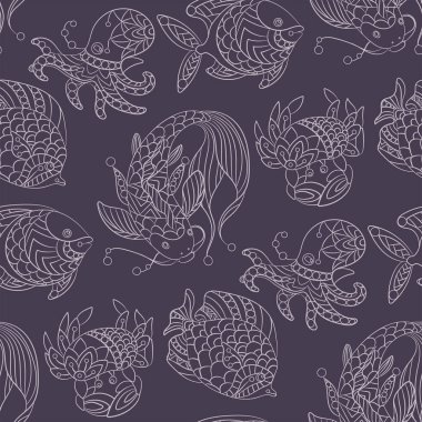 Deniz Temalar vahşi deniz hayvanları ve balıkların dekoratif süs grafik vektör çizim ile Seamless modeli