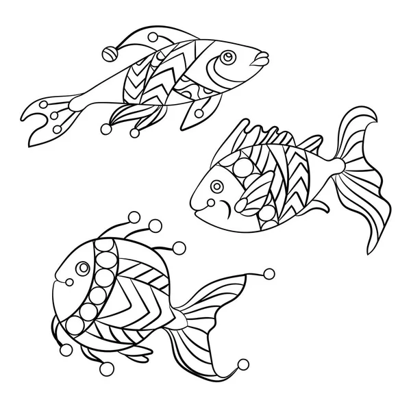 Desenhos Para Colorir Para Crianças Adultos Com Conjunto Peixes Oceânicos — Vetor de Stock