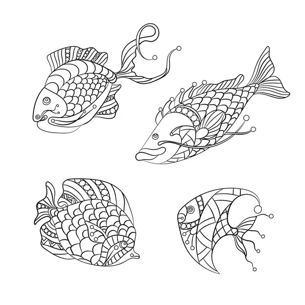 Desenhos Para Colorir Para Crianças Adultos Com Conjunto Peixes Oceânicos — Vetor de Stock