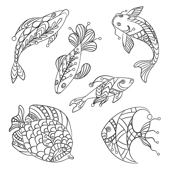 Çocuklar ve yetişkinler kümesiyle süs vektör grafik illüstrasyon okyanus ve deniz balıklar için boyama sayfaları