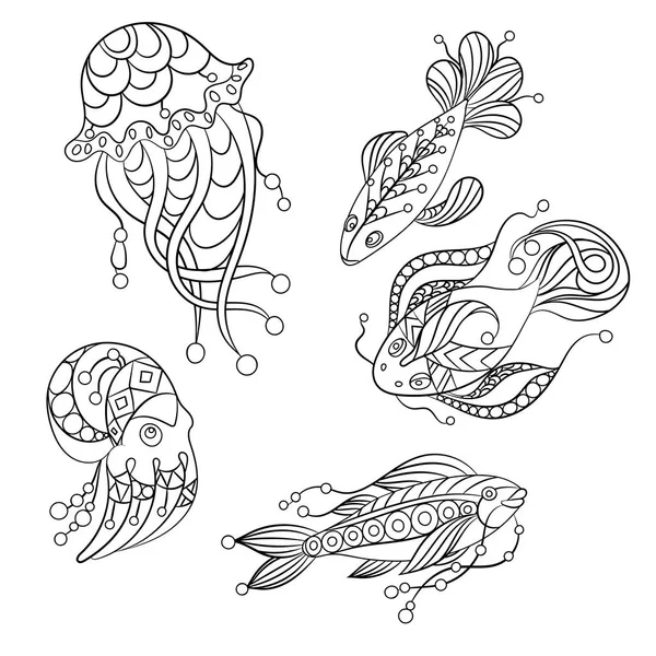 Set Sea Animals Vector Graphic Illustration Coloring Pages Children Adults — Stock Vector