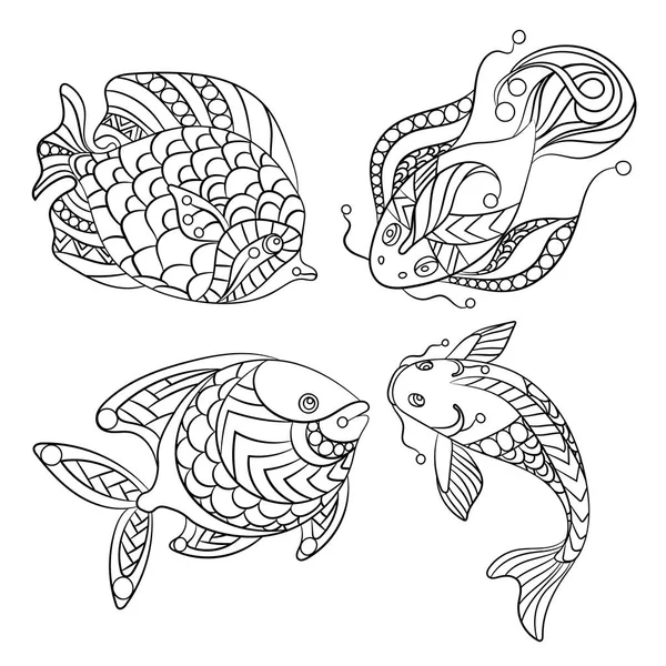 Desenhos Para Colorir Para Crianças Adultos Com Conjunto Peixes Oceânicos — Vetor de Stock