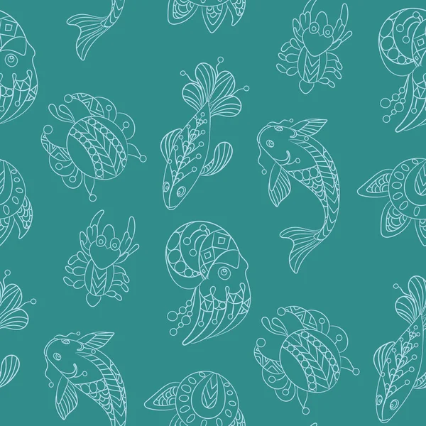 Deniz Temalar vahşi deniz hayvanları ve balıkların dekoratif süs grafik vektör çizim ile Seamless modeli
