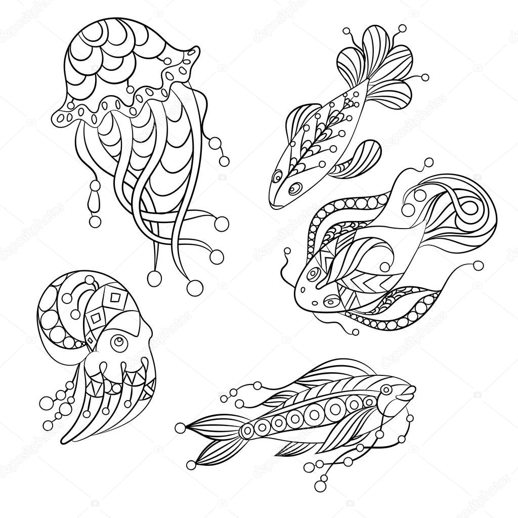 Set of sea animals in vector graphic illustration  in coloring pages for children and adults with fish, octopus and jellyfish