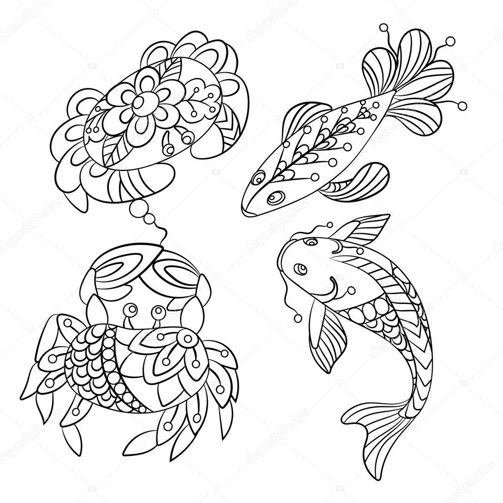 Set of sea animals in vector graphic illustration  in coloring pages for children and adults with fish and crab