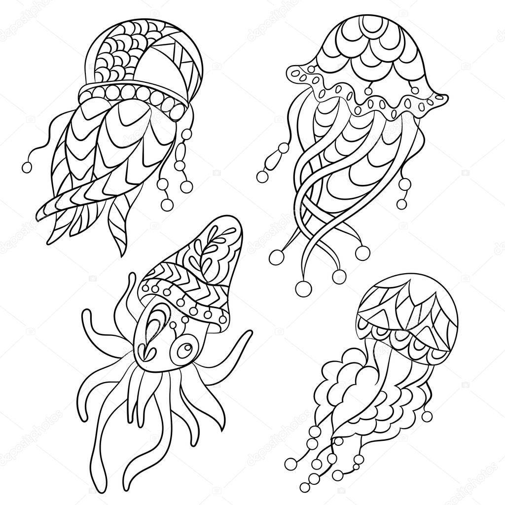 Coloring pages in vector graphic illustration for children and adults with ocean animals such as jellyfish, plankton and others