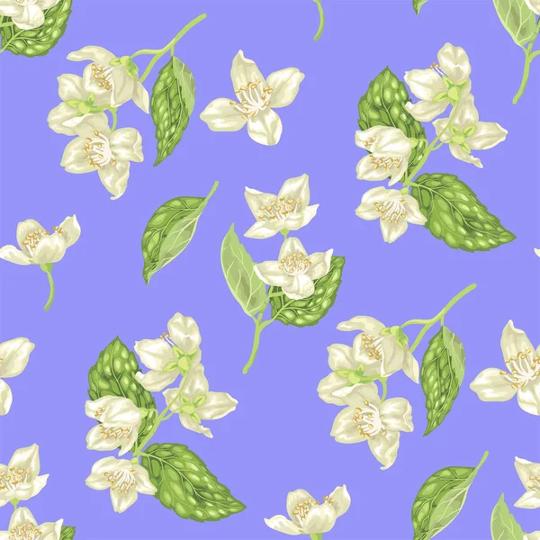 用鲜花和树叶枝的写实图形向量图解与茉莉花的无缝图案 — 图库矢量图片