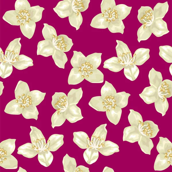 Baskı tasarımı ve Tekstil için gerçekçi tarzda Yasemin çiçekleri ile Dikişsiz desen vektör illustation içinde