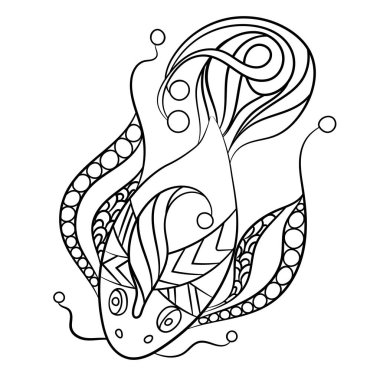 Sayfa childrean ve süs grafik vektör çizim boncuk ve dekoratif bukleler ile yetişkin renklendirme balık