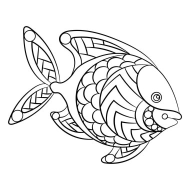 Sayfa childrean ve süs grafik vektör çizim boncuk ve dekoratif bukleler ile yetişkin renklendirme balık