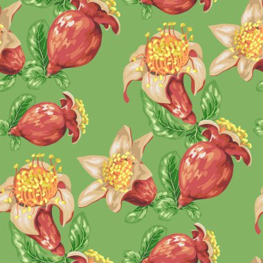 Dikişsiz desen gerçekçi vektör grafik iilustration nar ağacı çiçek açan meyve çiçek