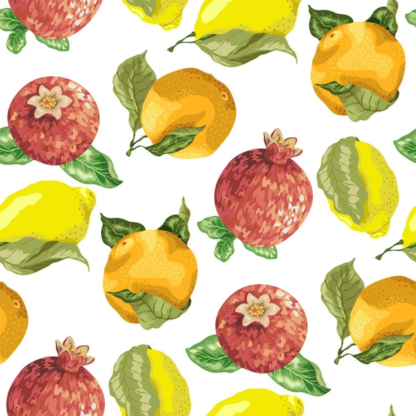 ザクロとベクトル図に柑橘系の果物のようなジューシーな夏のフルーツとのシームレスなパターン — ストックベクタ