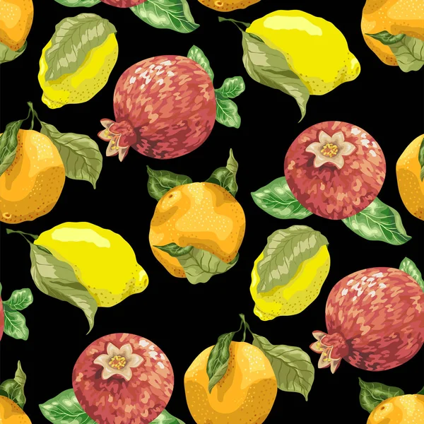 Seamless Pattern Juicy Summer Fruits Pomegranates Citrus Fruits Vector Illustration — Stock Vector