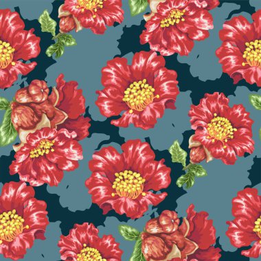 Nar gerçekçi vektör grafik tasarım çizim çiçek açan çiçeklerle seamless modeli