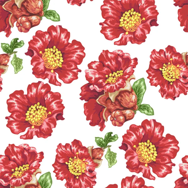 Seamless Pattern Pomegranate Blooming Flowers Realistic Vector Graphic Design Illustration — Stock Vector