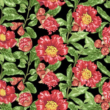 Dikişsiz desen vektör yaprak, çiçek ve meyve gerçekçi parlak renklerde nar çiçek açan dalları ile illüstrasyon