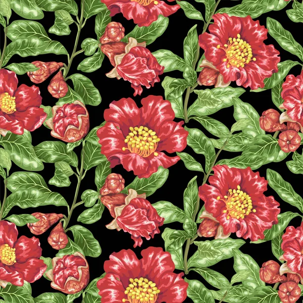 Seamless pattern vector illustration with pomegranate blooming branches with leaves, flowers and fruits in realistic bright colors