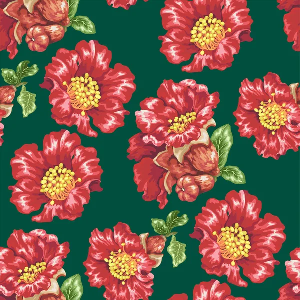 Nahtlose Mustervektorillustration Mit Granatapfelzweigen Mit Blättern Blüten Und Früchten Realistischen — Stockvektor