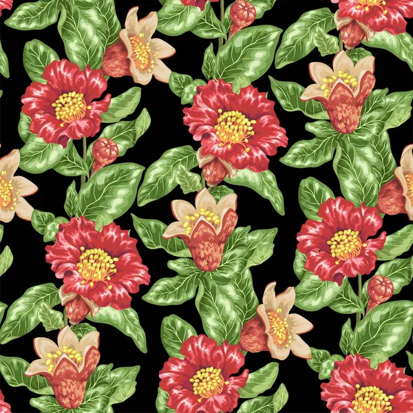 Seamless pattern vector illustration with pomegranate blooming branches with leaves, flowers and fruits in realistic bright colors