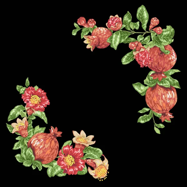Sarok Keret Dekoratív Vektor Elem Gránátalma Gyümölcsök Virágok Grafikai Illusztráció — Stock Vector