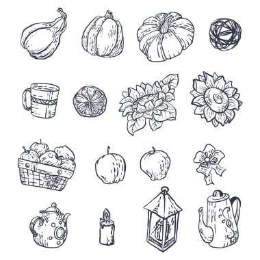 Vektör ev elemanları ile hasat mevsimi Güz için ayarlayın. Dekorasyon ve oluşturma tasarım için grafik unsurlar vardır