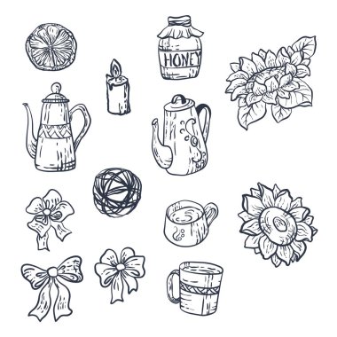 Vektör ev elemanları ile hasat mevsimi Güz için ayarlayın. Dekorasyon ve oluşturma tasarım için grafik unsurlar vardır