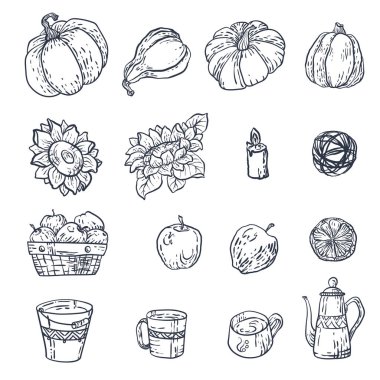 Vektör ev elemanları ile hasat mevsimi Güz için ayarlayın. Dekorasyon ve oluşturma tasarım için grafik unsurlar vardır