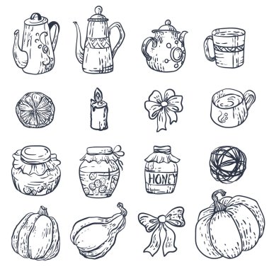 Vektör ev elemanları ile hasat mevsimi Güz için ayarlayın. Dekorasyon ve oluşturma tasarım için grafik unsurlar vardır