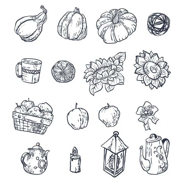 Vektör ev elemanları ile hasat mevsimi Güz için ayarlayın. Dekorasyon ve oluşturma tasarım için grafik unsurlar vardır