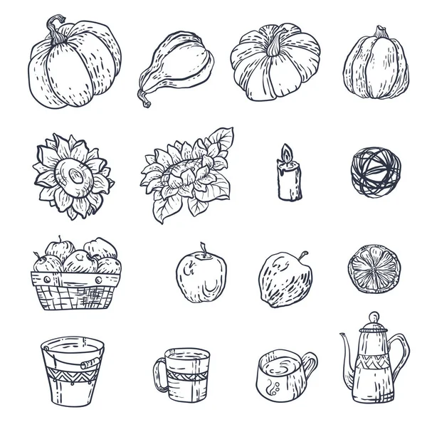 Vektör ev elemanları ile hasat mevsimi Güz için ayarlayın. Dekorasyon ve oluşturma tasarım için grafik unsurlar vardır