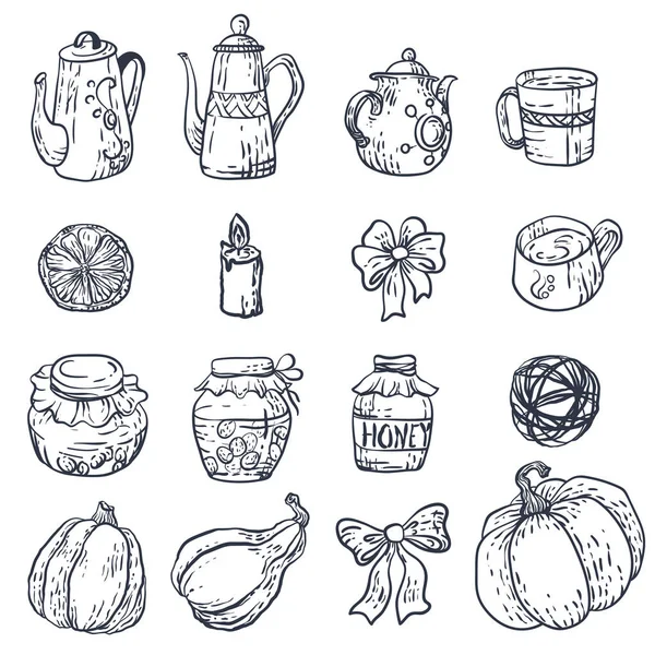 Vektör ev elemanları ile hasat mevsimi Güz için ayarlayın. Dekorasyon ve oluşturma tasarım için grafik unsurlar vardır