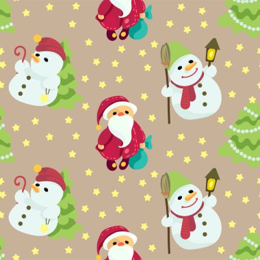 Dikişsiz Noel desen vektör grafiği ile sevimli Noel Babalar ve yıldız ve çam ağaçları ile kardan adam