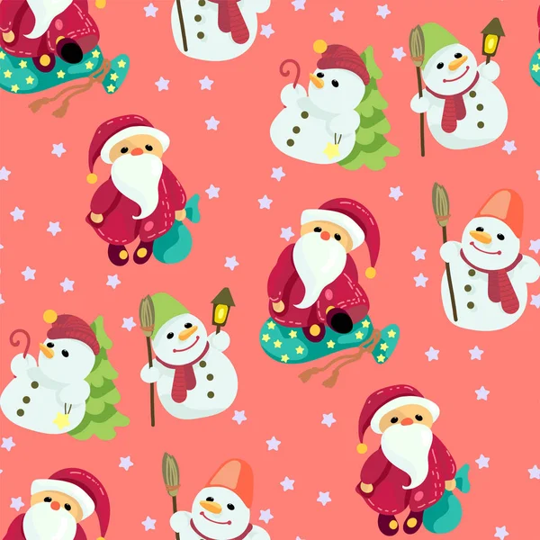 Seamless Christmas Pattern Vector Graphic Cute Santas Snowmen Stars Spruce — Stock Vector